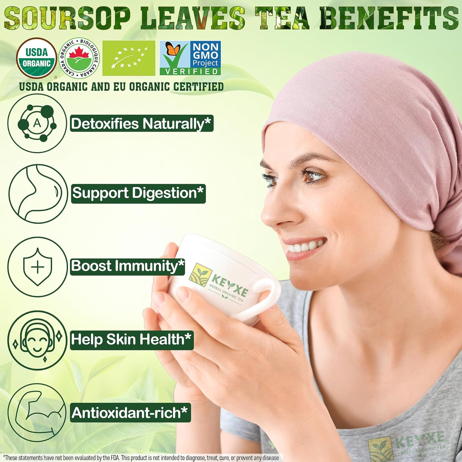 KEYXE – USDA Organic Soursop Graviola Leaves Tea 50 Bags. Non-Gmo Verified , 100