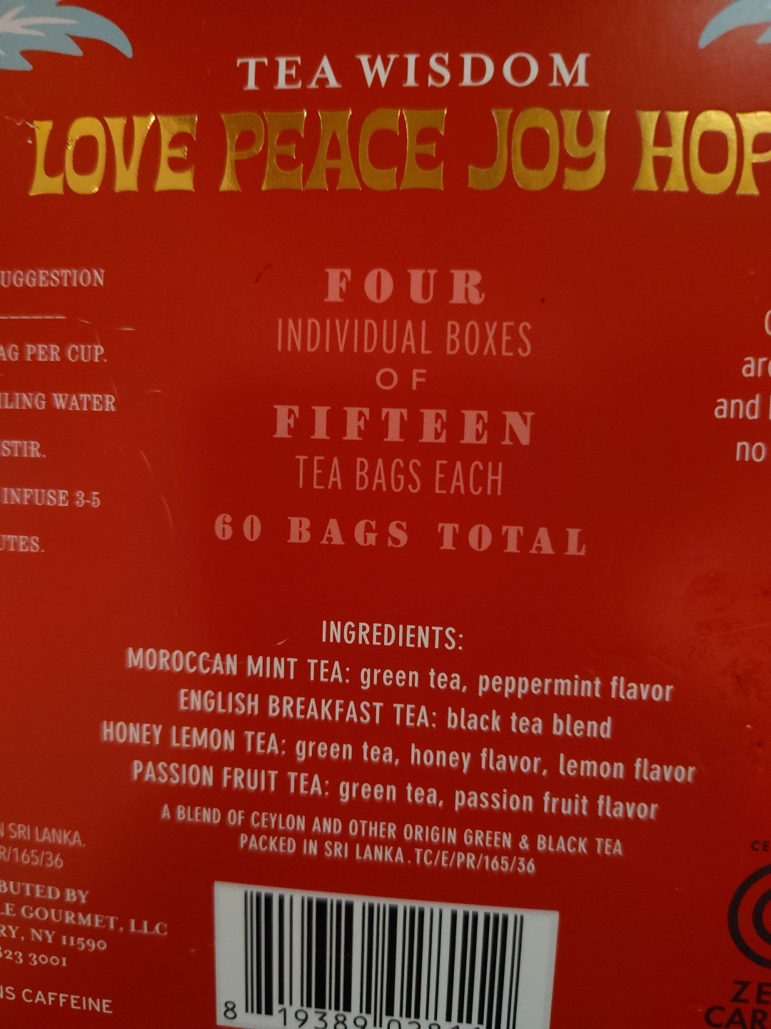 Tea Wisdom 60 Tea Bags Love Peace Joy Hope