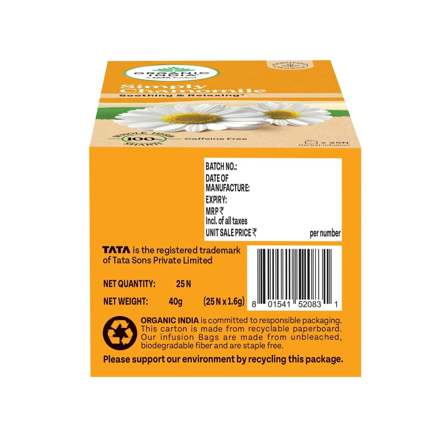 Organic India Simply Chamomile Infusion, 25 Tea Bags Free Shipping World Wide