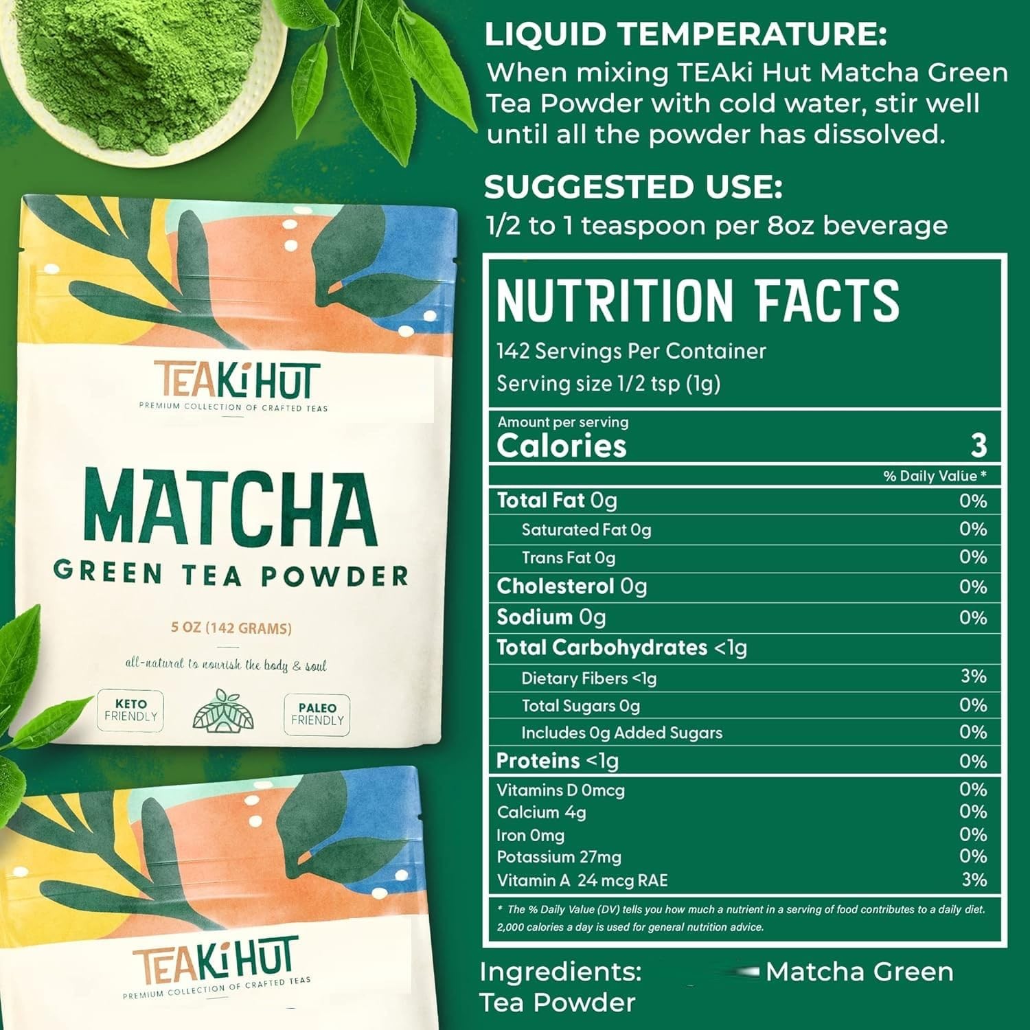 Matcha Green Tea Powder 5oz Unsweetened Pure for Baking Smoothies Latte Drinks