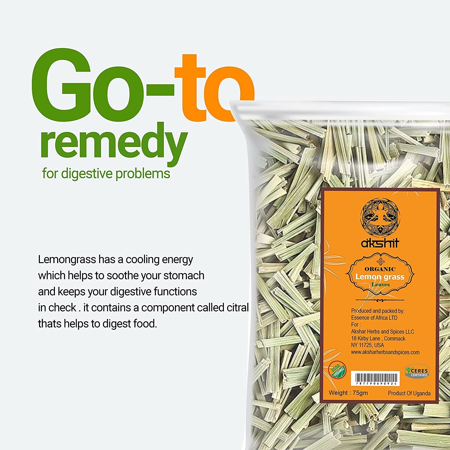 Akshit Organic Dried Lemongrass, Loose leaf tea, Te De Limon, 100% USDA Certifie