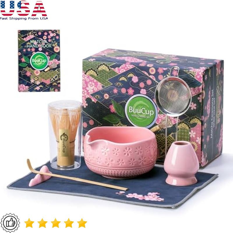 Matcha Whisk Set W/ Bowl Sifter Bamboo Scoop Holder Tea Towel 7 Pcs Kit Pink New
