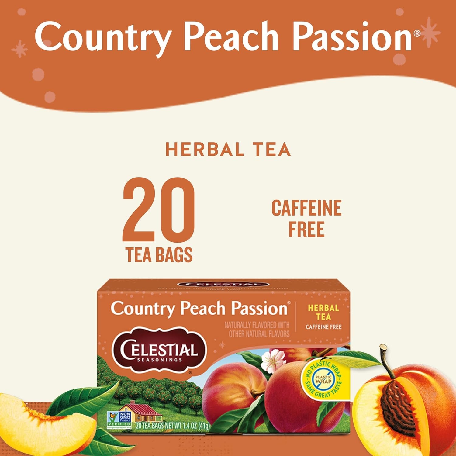Celestial Seasonings Country Peach Passion Herbal Tea, Caffeine Free, 20 Tea Bag