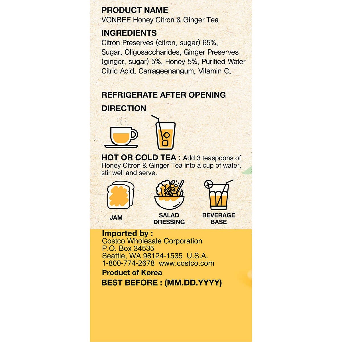 Vonbee Honey Citron and Ginger Tea, 70.54 Ounce Jar
