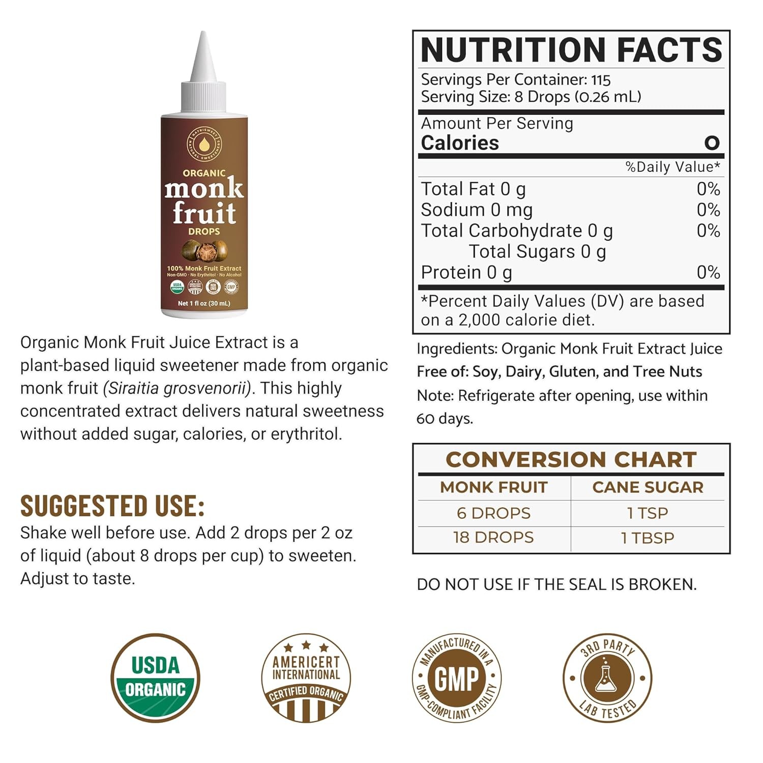 Organic Monk Fruit Liquid Sweetener Drops 100% Pure Extract Zero Sugar 1 fl oz