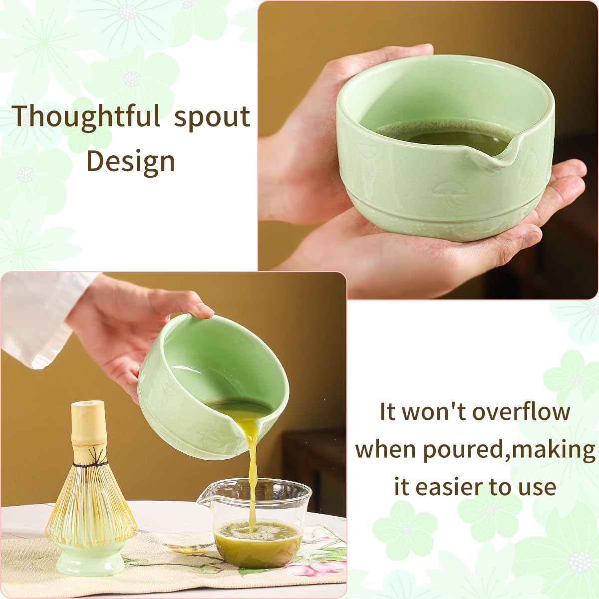 Matcha Set, 8-Piece Ceramic Matcha Bowl & Whisk Kit with Mushroom Pattern, Tr…
