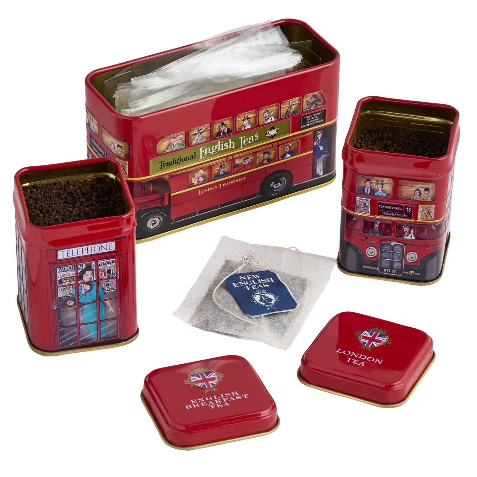 British Tea Tin Set with 2 oz Loose Leaf Tea & 10 Tea Bags