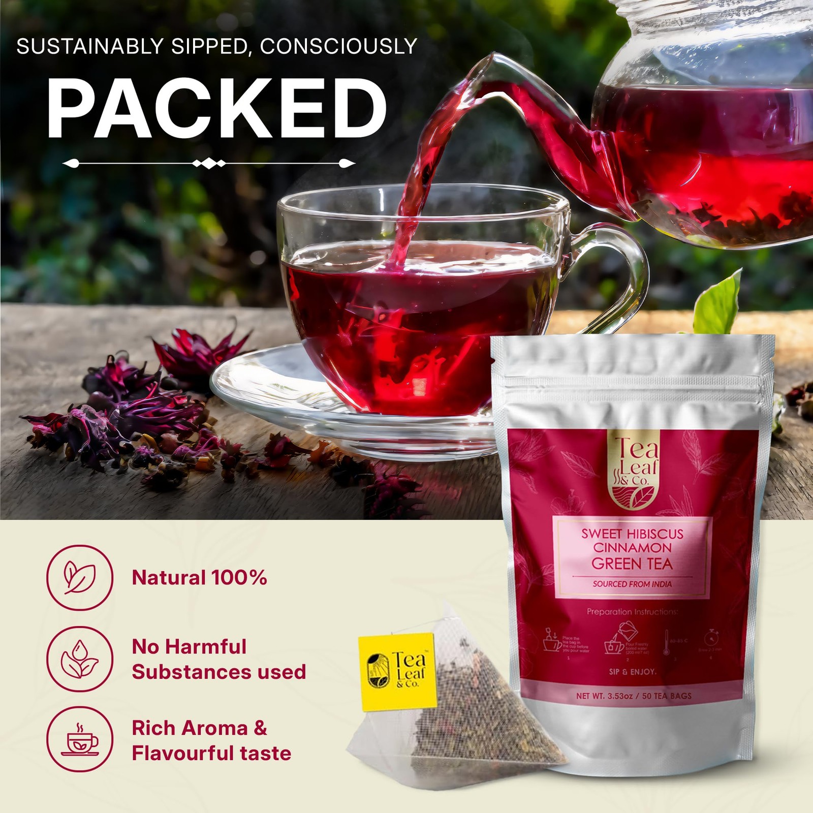 Sweet Hibiscus Cinnamon Green Tea Bags 50 Count, Caffeinated, Real and Natura…