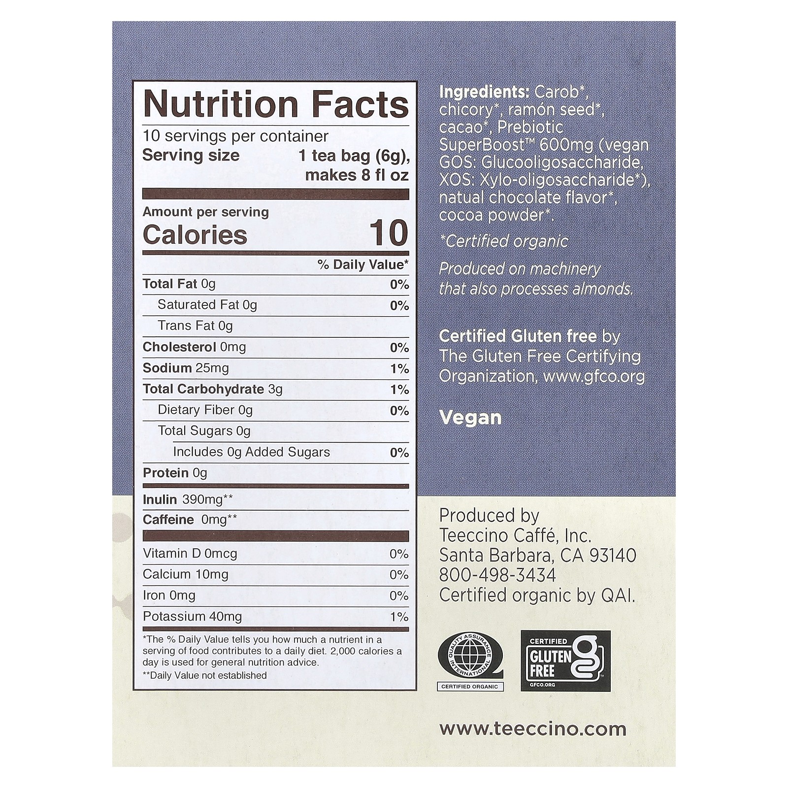 Prebiotic Herbal Tea, Dark Chocolate, Caffeine Free, 10 Tea Bags, 2.12 oz (60 g)