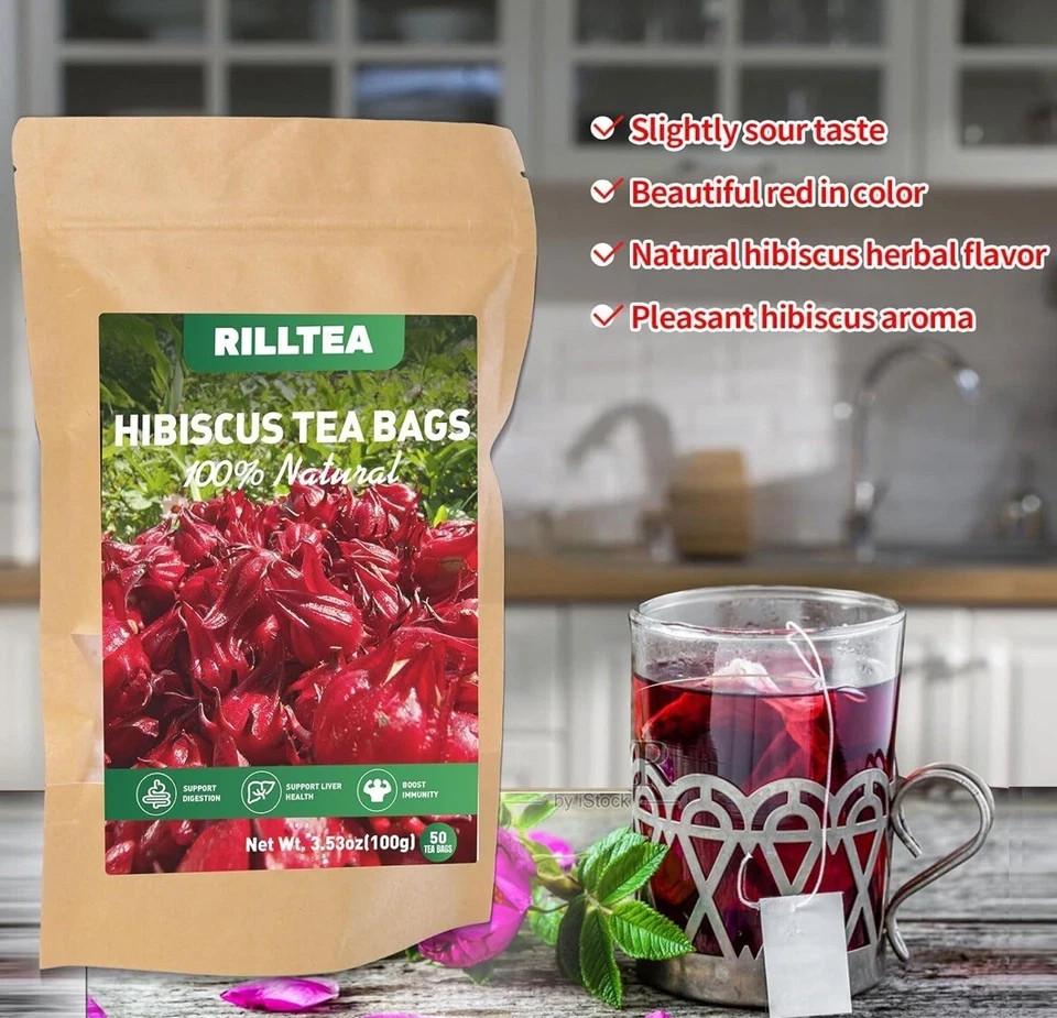 pack of 50 Rilltea Hibiscus Flower 100% Natural Tea Bags 3.53 oz EXP 07/20/2025