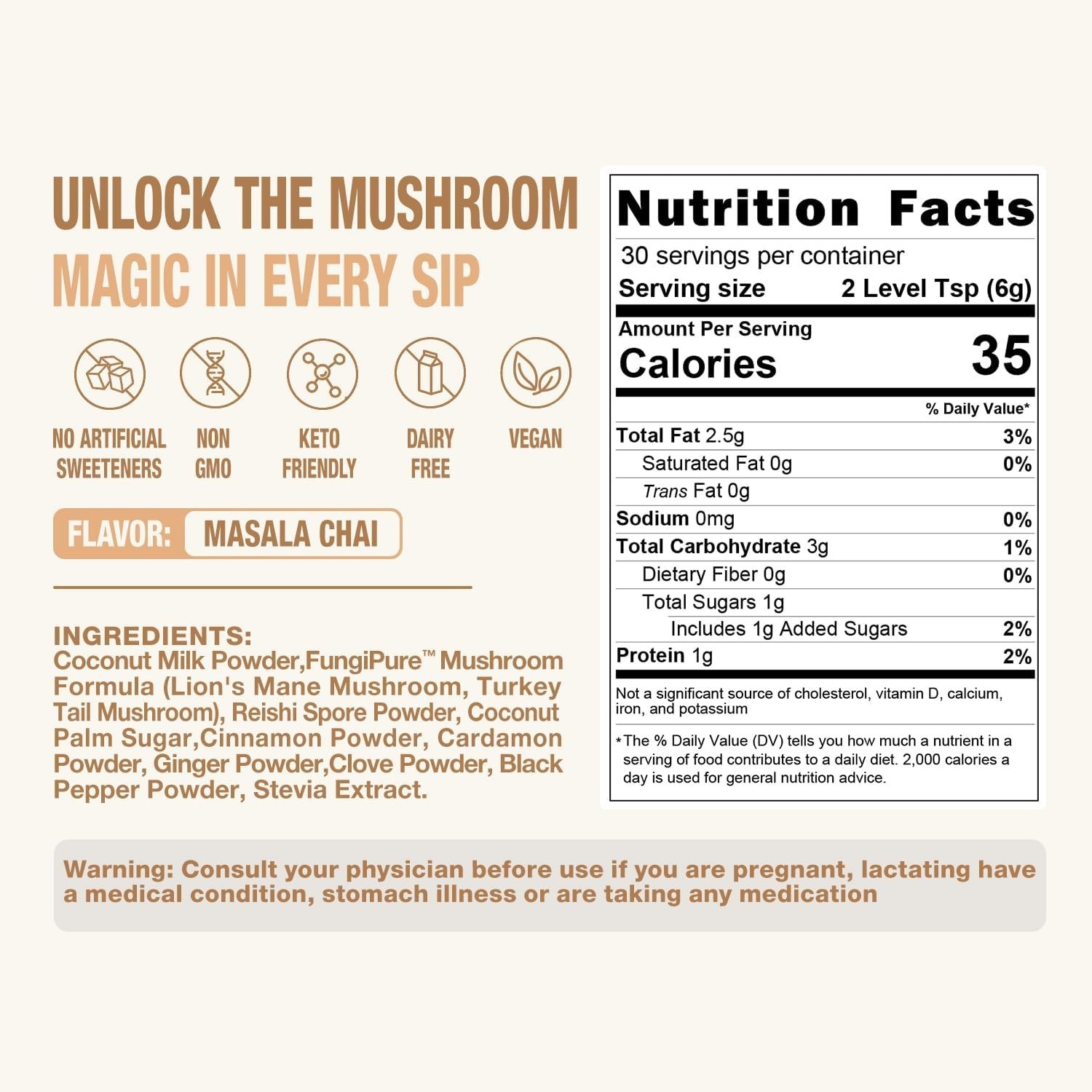 Chai Tea Latte with Mushrooms – 30 Servings, 30% Beta-Glucans – Lion’s Mane, …