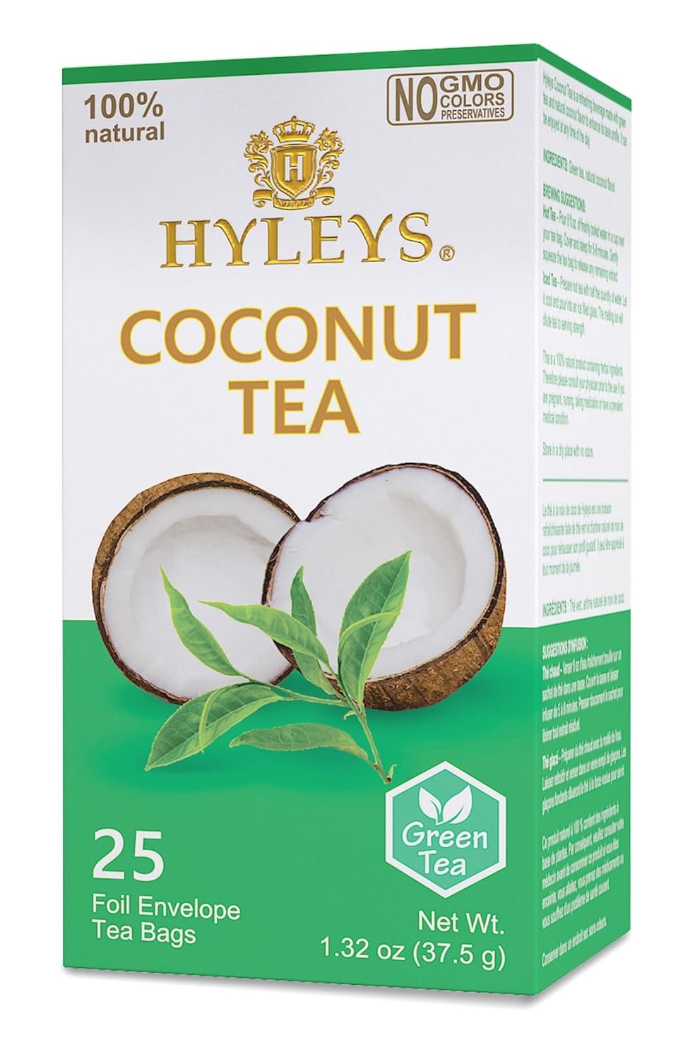Hyleys Wellness Natural Coconut With Green Tea – 25 Tea Bags (Gmo Free, Gluten