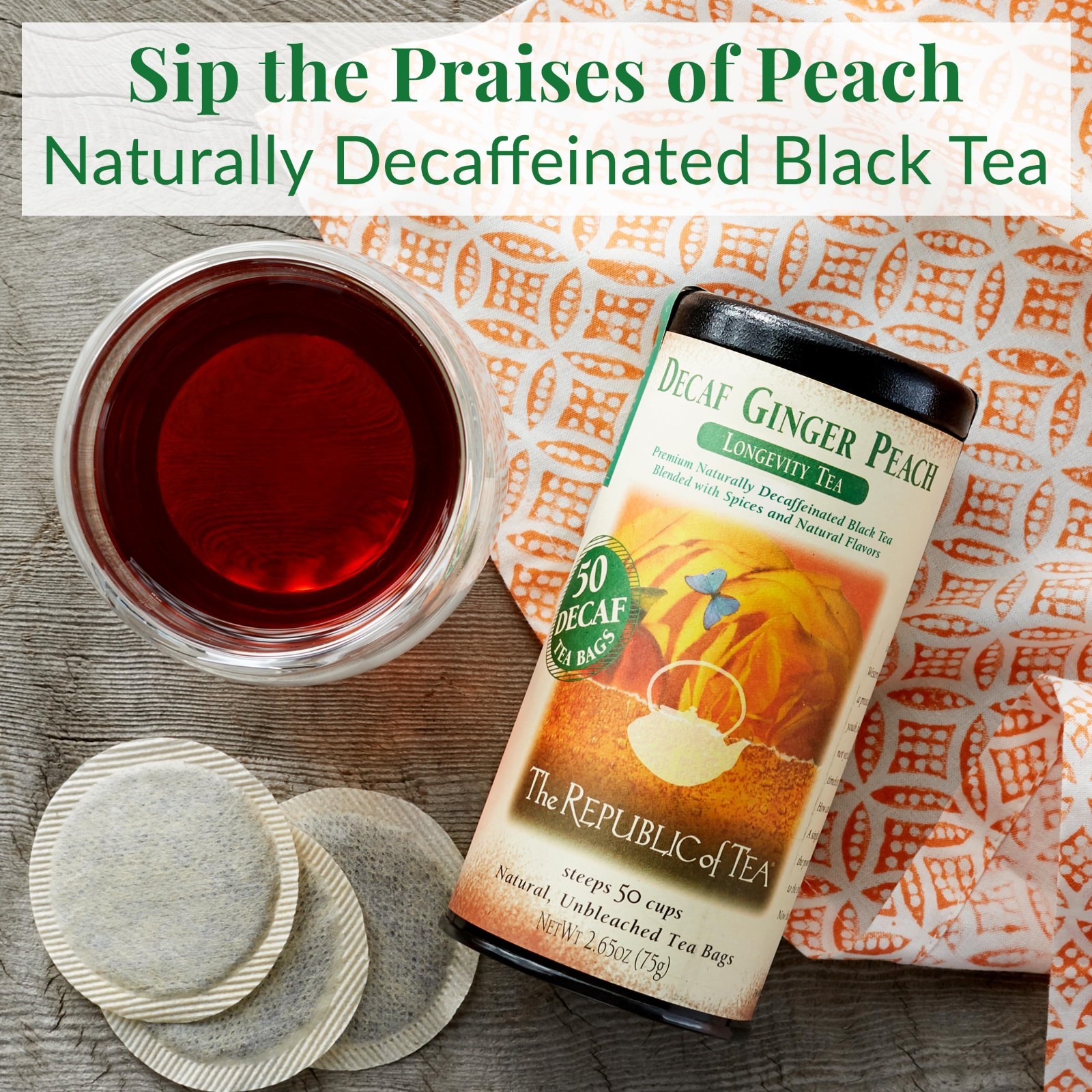 Decaf Ginger Peach Black Tea – 100 Bags Total, Herbal Wellness, Caffeine-Free