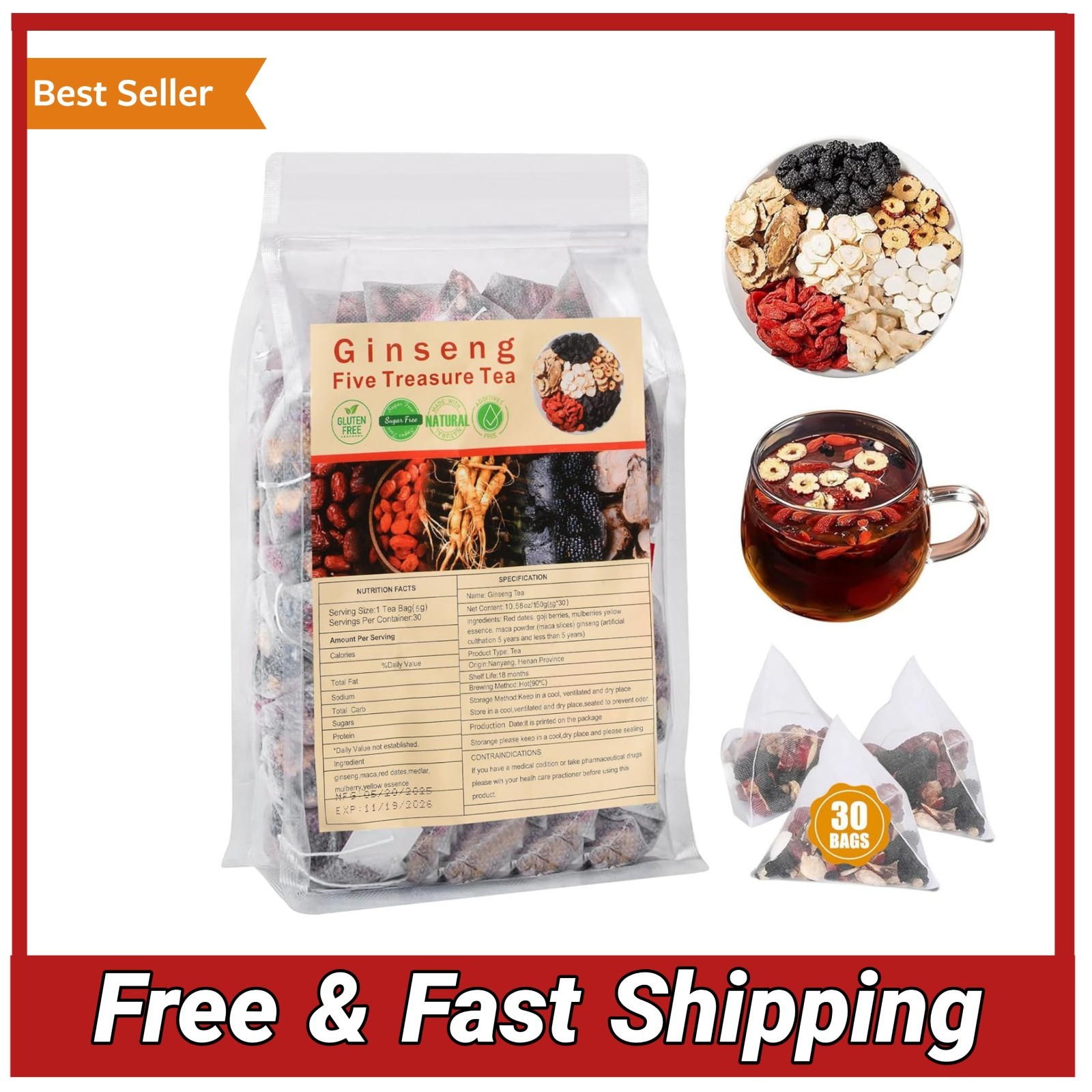 Ginseng Six Treasure Tea 30 Bags Kidney Cleanse Detox Herbal Support Maca Goji