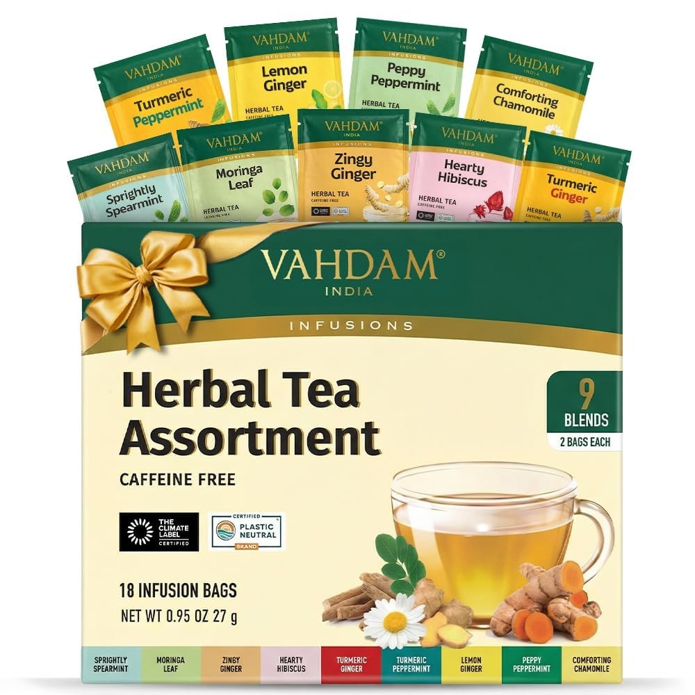 , Assorted Herbal Tea Sampler (18 Tea Bags, 9 Flavors) Caffeine-Free, Non-GMO…