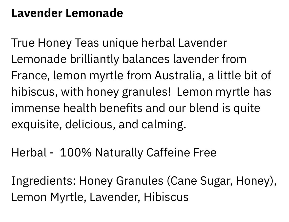 Lavender Lemonade tea with honey and cane sugar crystals- 12 tea bags