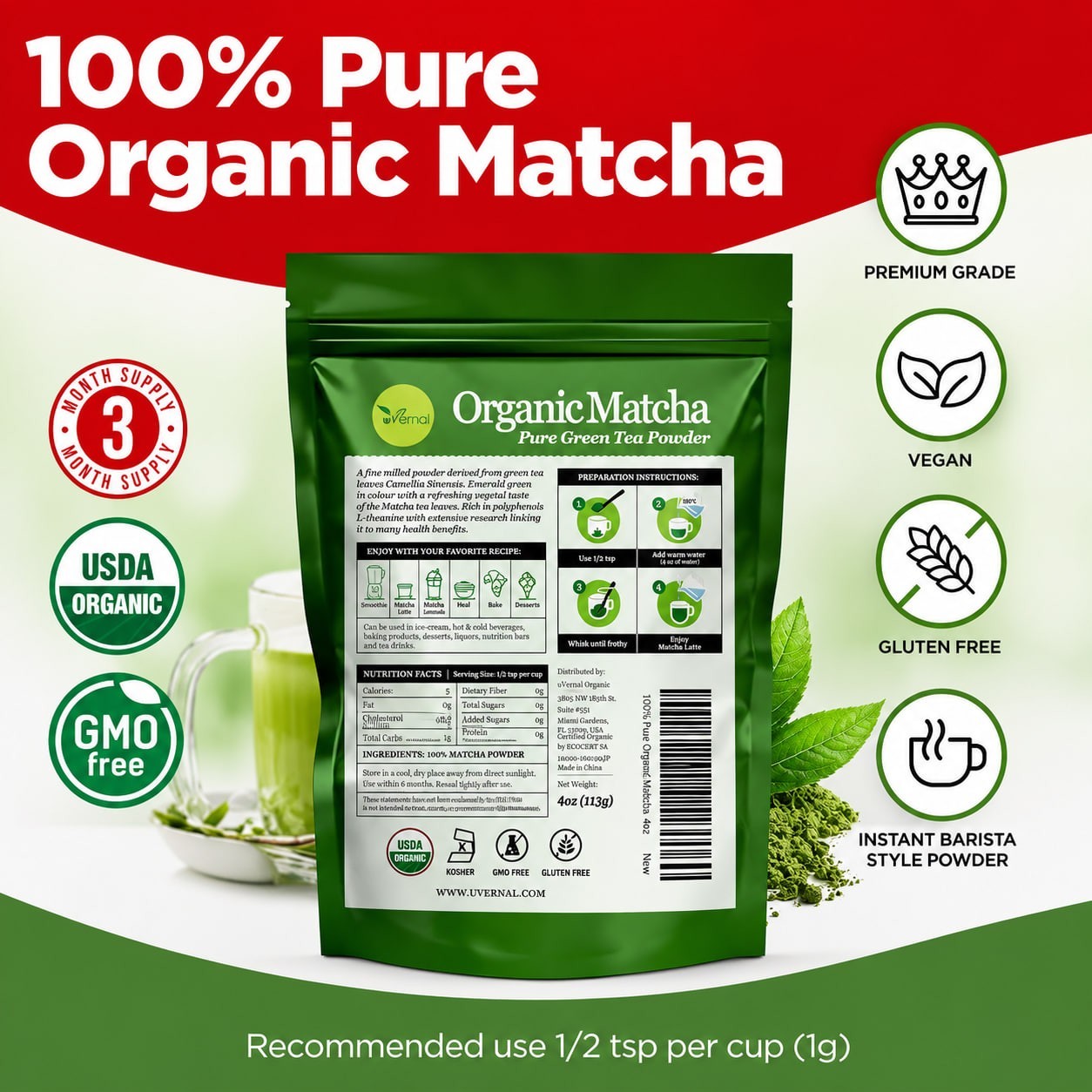 2 Pack uVernal Organic Matcha Green Tea Powder 4oz 8oz Total Pure Culinary Grade