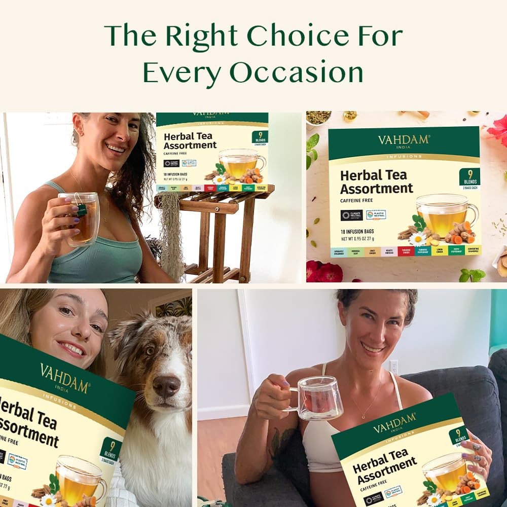 , Assorted Herbal Tea Sampler (18 Tea Bags, 9 Flavors) Caffeine-Free, Non-GMO…