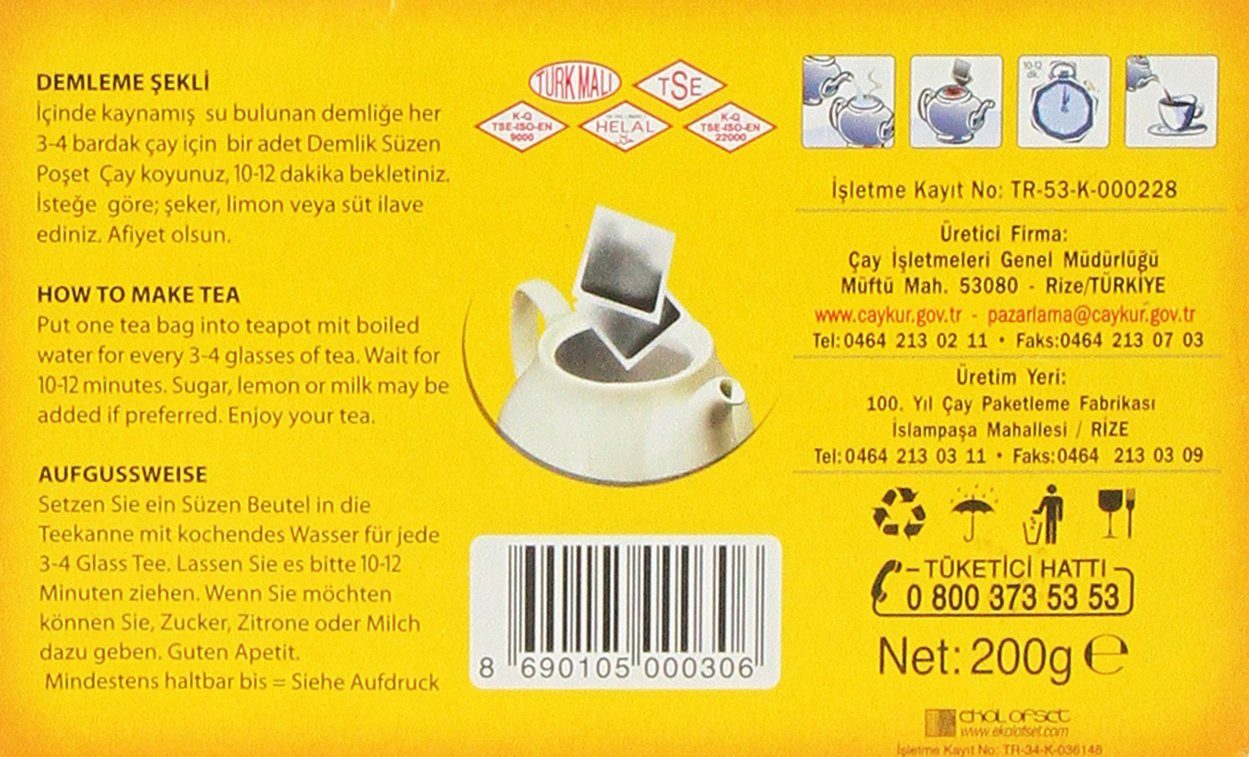 Caykur Turkish Black Tea Bags 40 Count 200g Natural Tea for Teapots