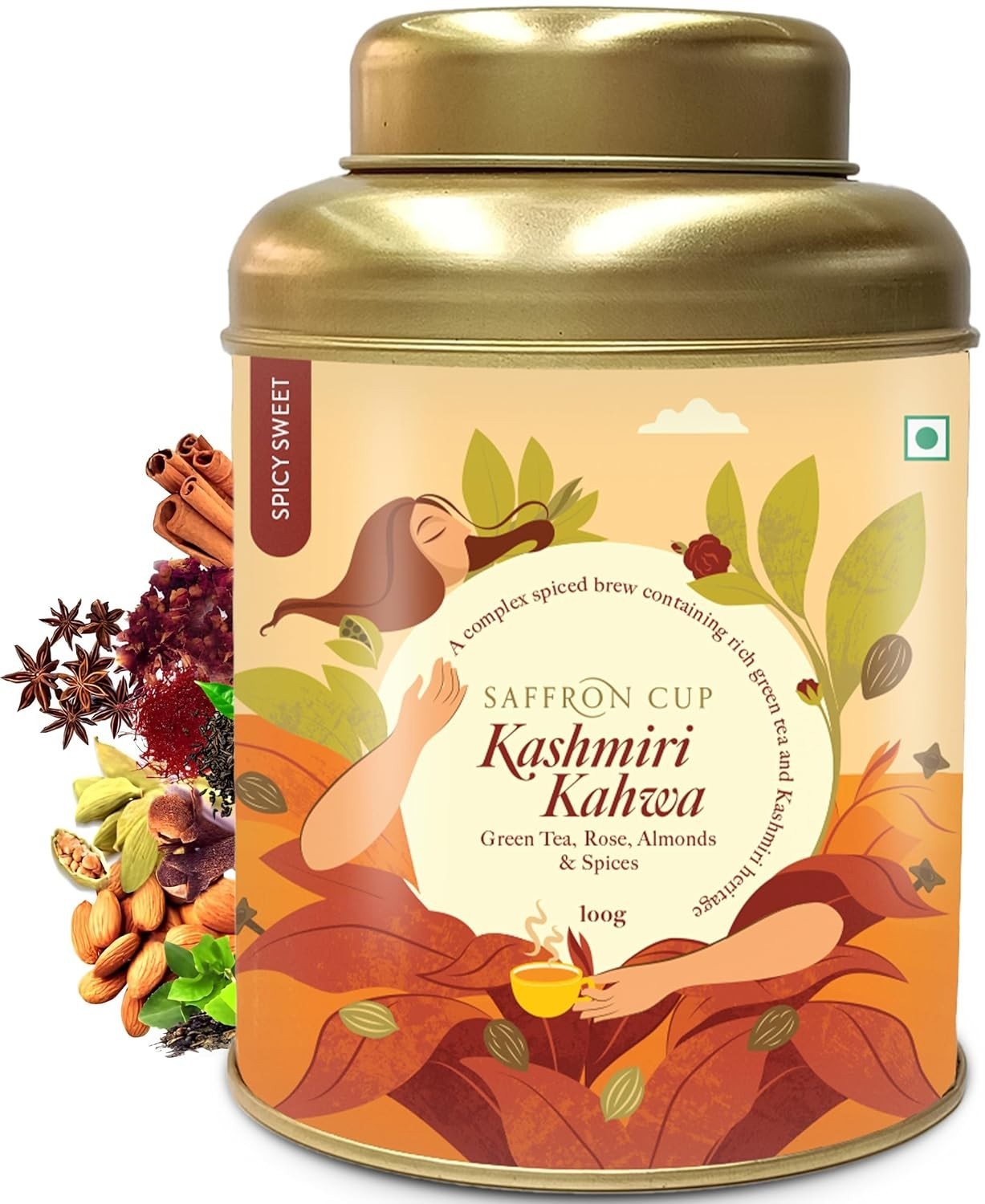 Saffron Cup | Kashmiri Kahwa | Green Tea 100 Gm ( 50 Cups) | Detox, Weight Loss