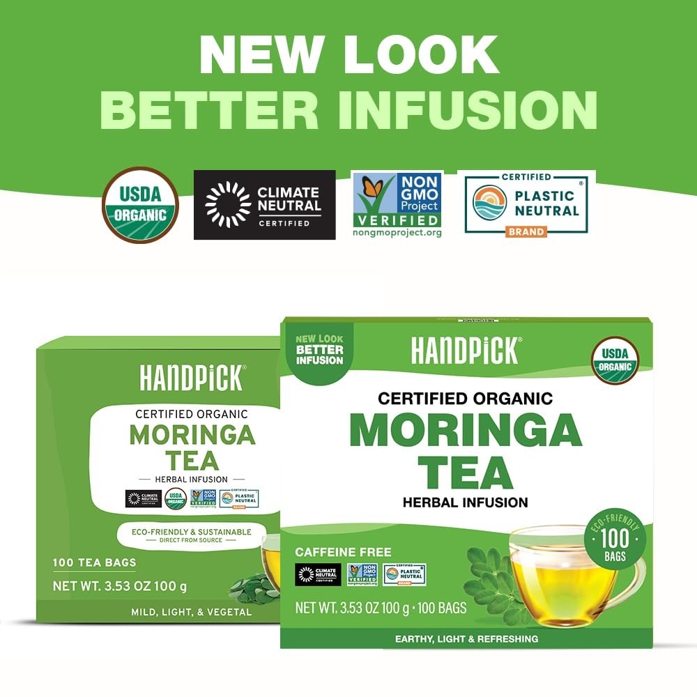 Organic Moringa Tea Bags (100 Count) Caffeine Free, Non GMO