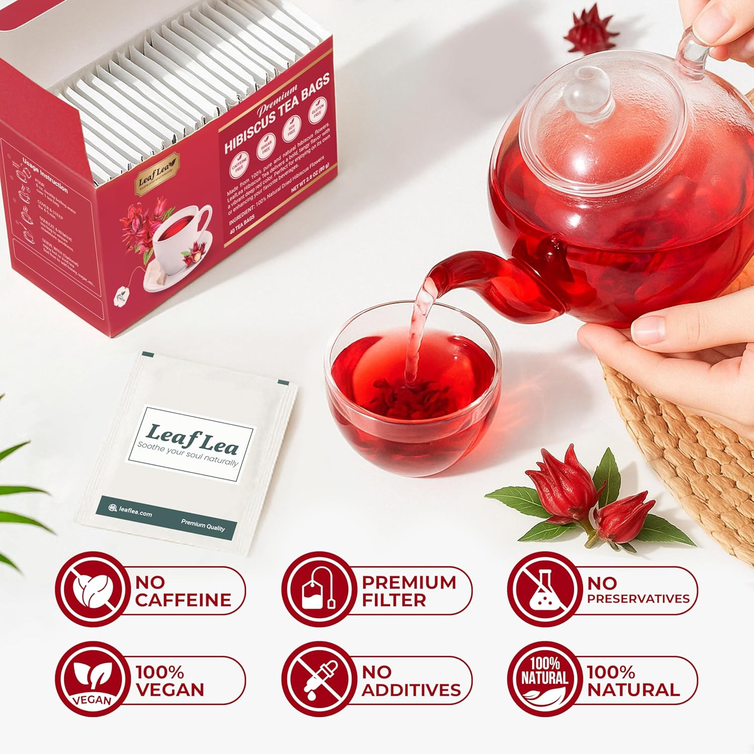 40 Premium Natural Hibiscus Tea Bags, 100% Pure from Hibiscus Flowers, Caffeine-