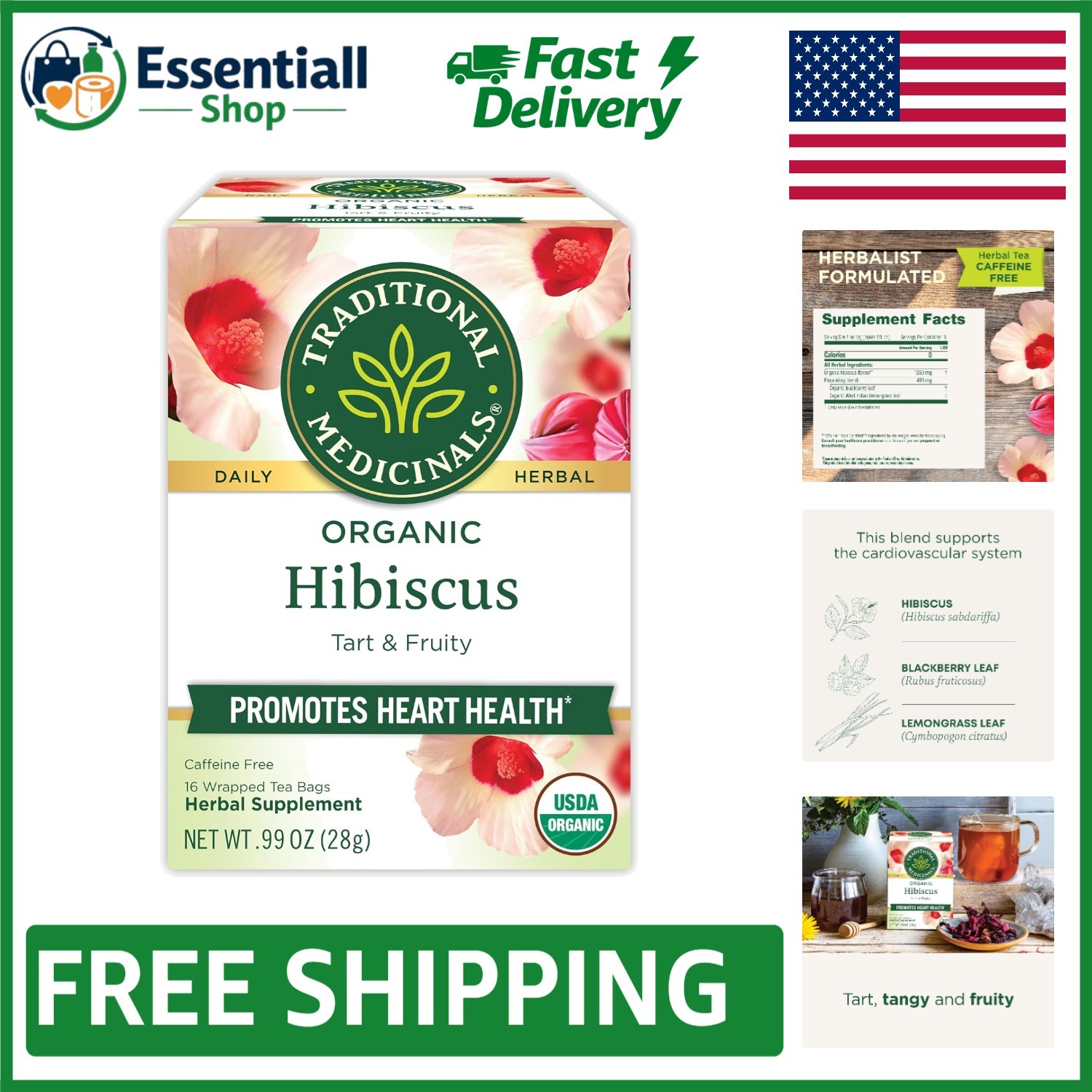 Caffeine-Free Organic Hibiscus Tea – 16 Compostable Tea Bags for Heart Health
