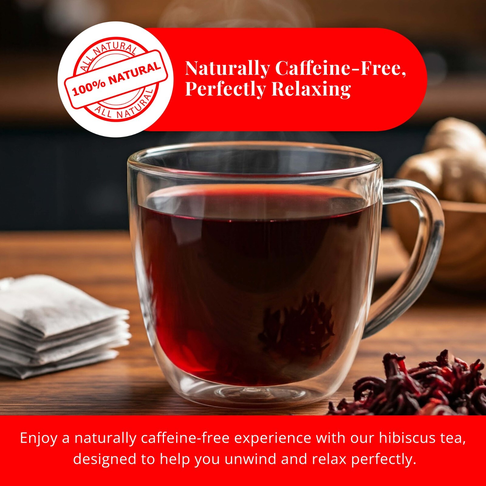 75 Hibiscus Tea Bags, Hibiscus Ginger Tea Blend, Herbal Tea, Weight Loss Tea
