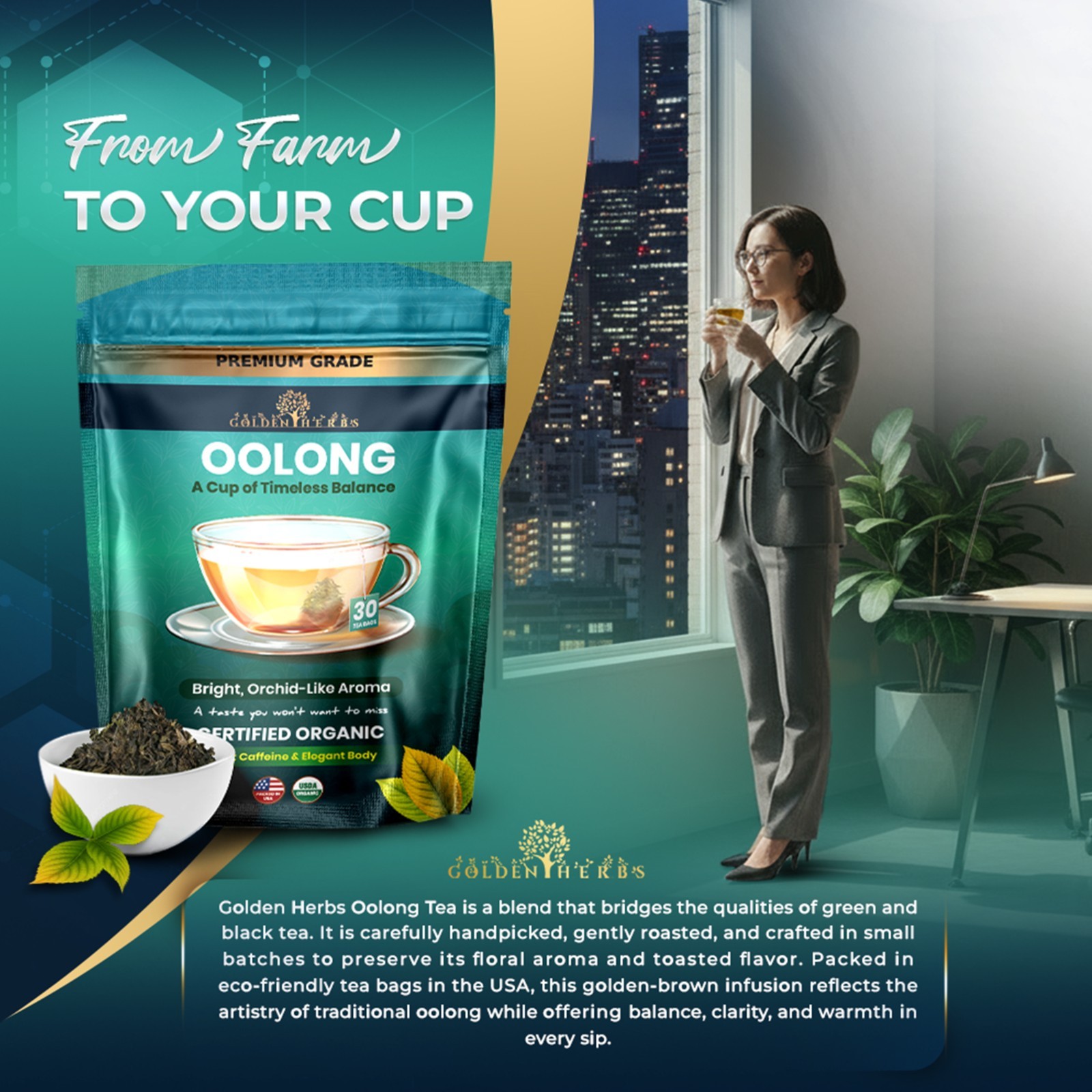 Golden Herbs Japanese Oolong Tea Lightly Oxidized for Smooth Flavor & Aromatic
