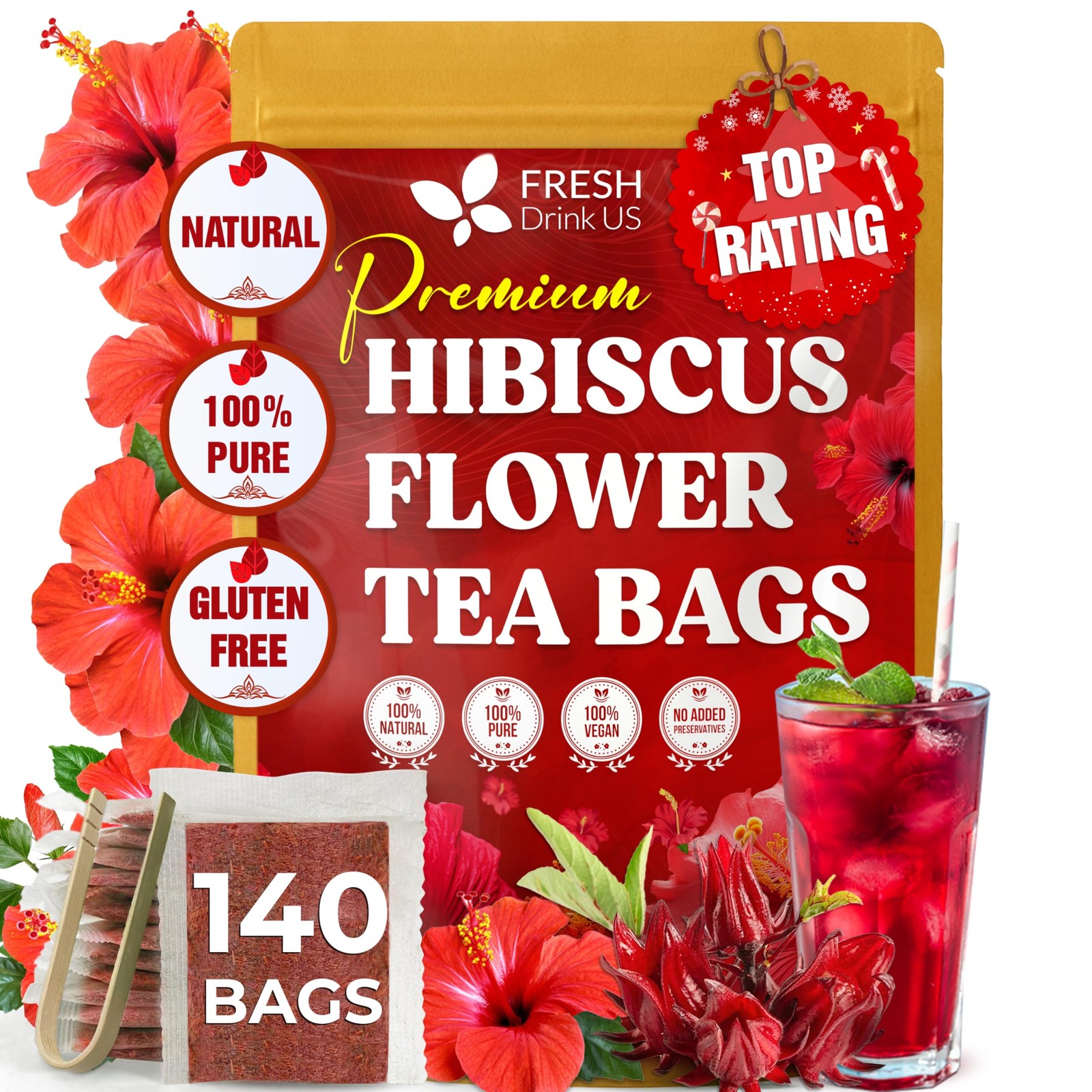 FRESHDRINKUS 140 Hibiscus Flowers Tea Bags, 100% Natural, Pure 140 Bags