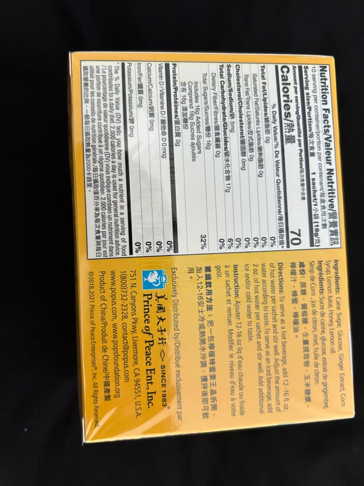 Prince of Peace Lemon Ginger Honey Crystals Instant Beverage Exp 12/2025