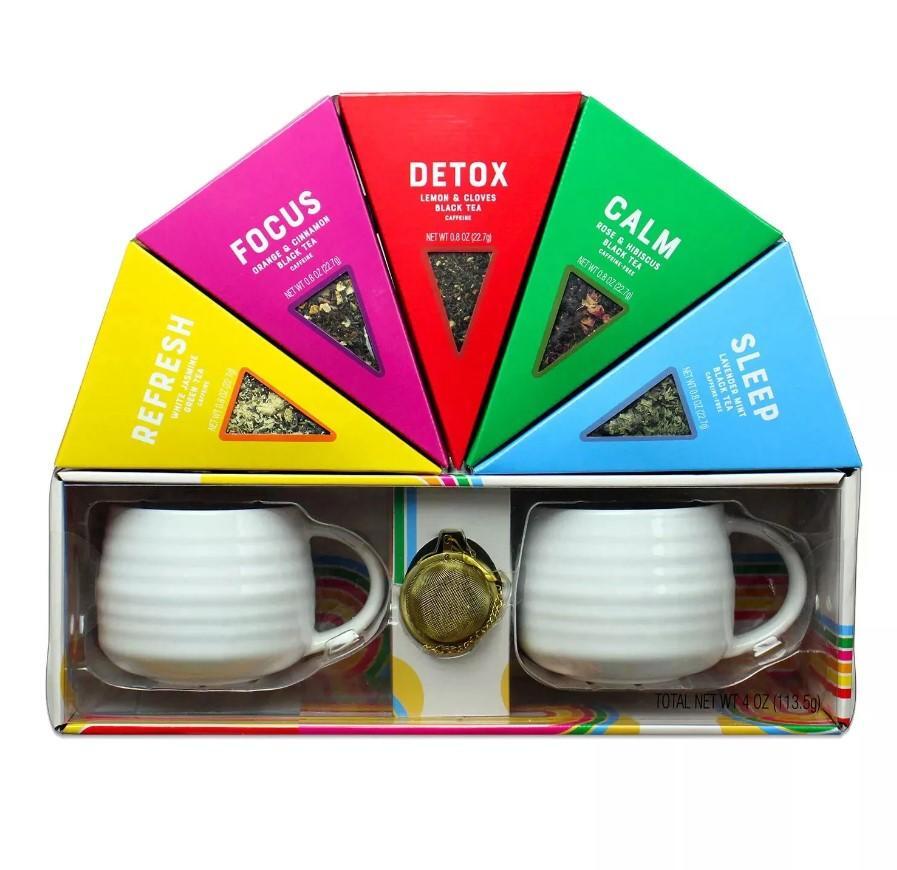 Enhance Your Mood Loose Leaf Tea Set, 5 Flavors, Gold Tea Strainer 2 x 14oz Mugs