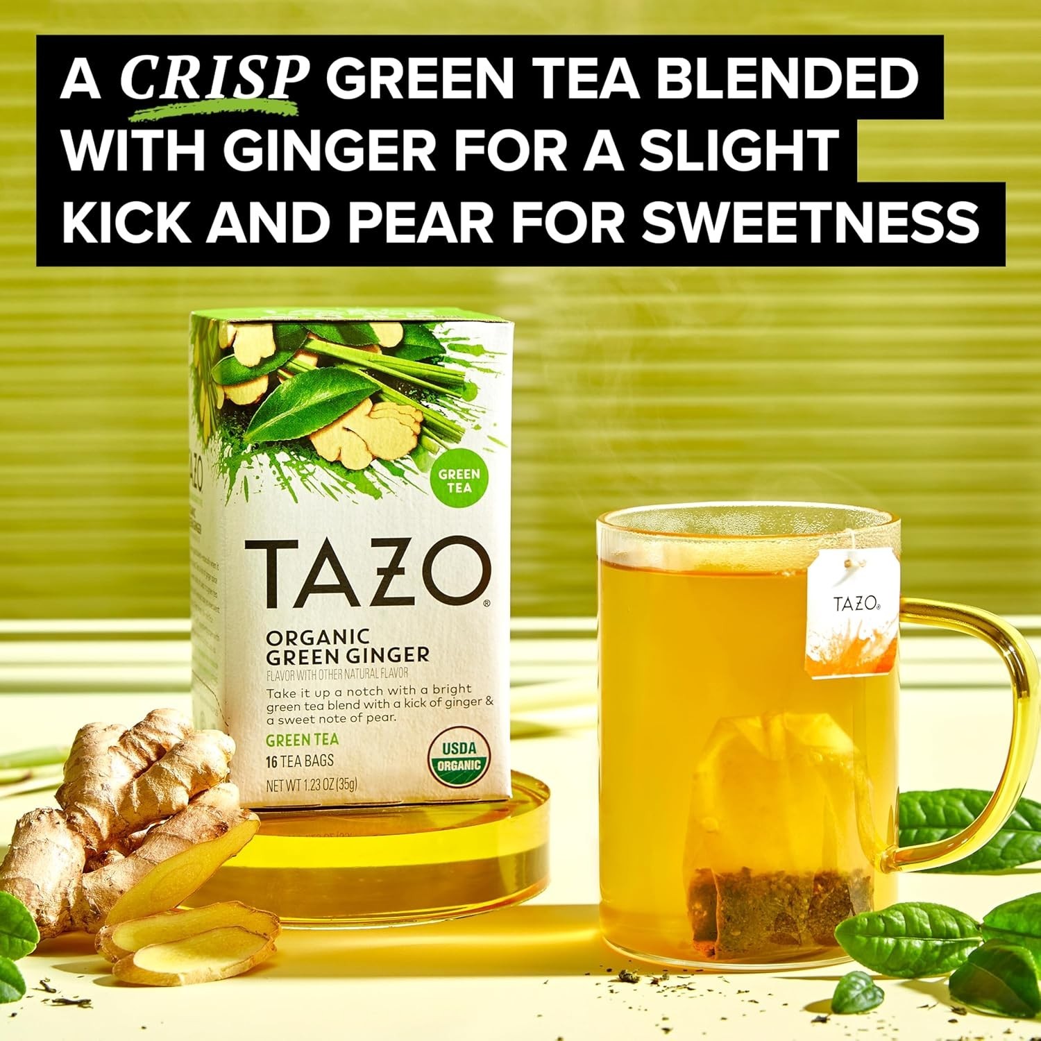 TAZO Organic Green Ginger Tea – 16 Caffeinated Herbal Bags for Digestive Relief
