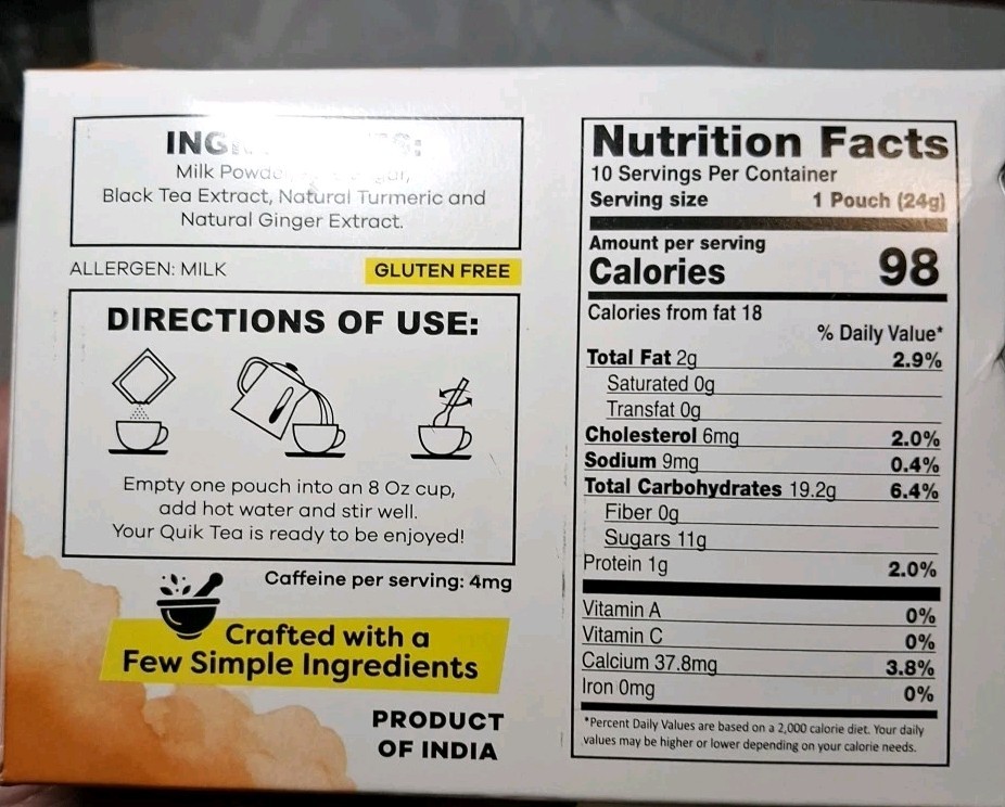 Quik Tea Turmeric Ginger Instant Chai Tea Latte 10 Servings Exp:12/27/2026