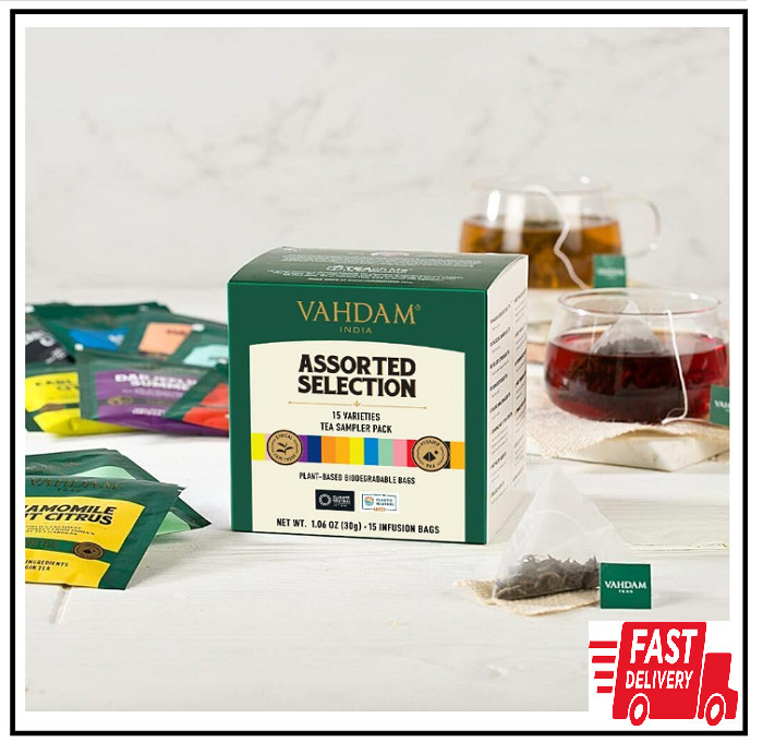 VAHDAM Tea Variety Pack – 15 Flavors Pyramid Tea Bags | Assorted Tea Sampler …