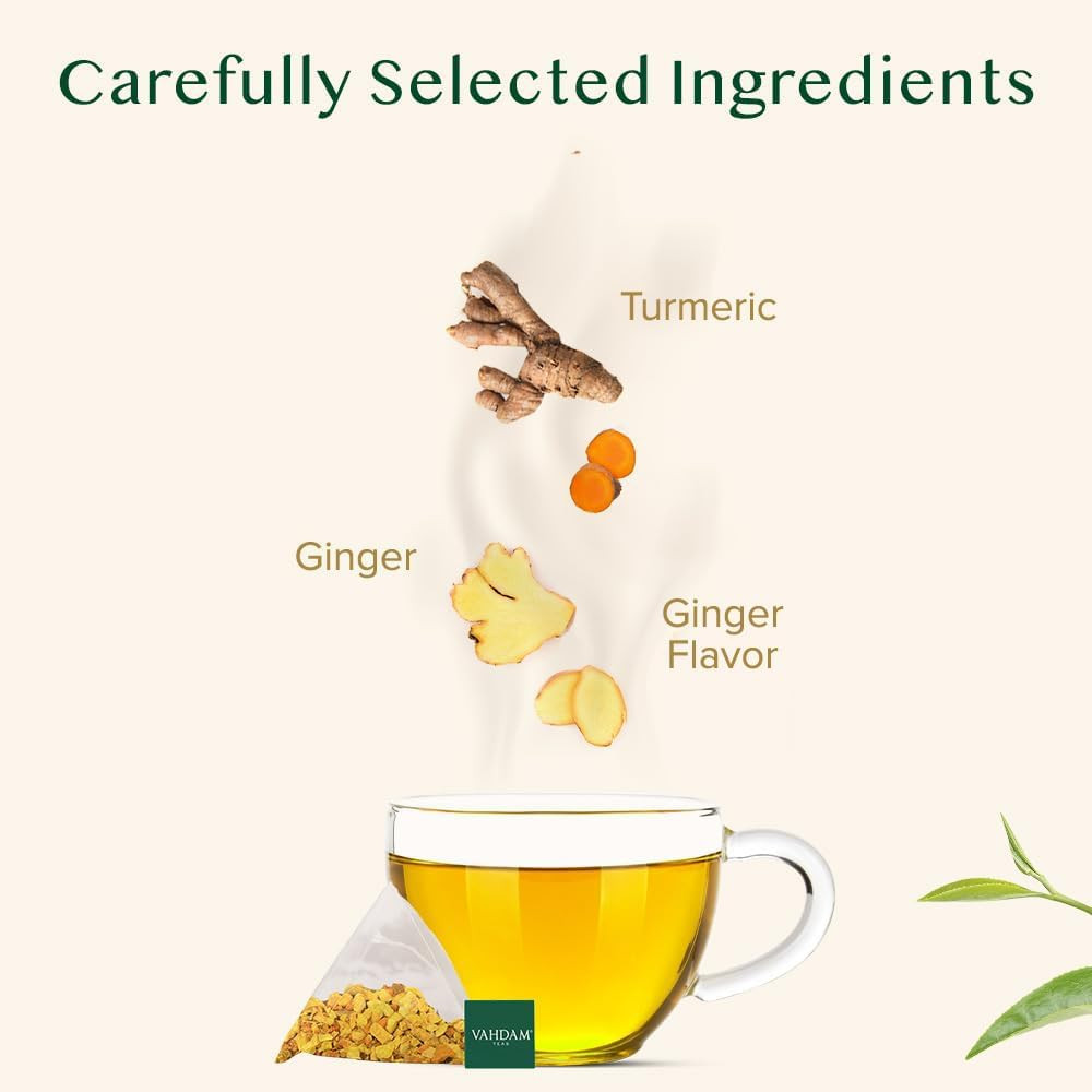 VAHDAM, Turmeric Ginger Herbal Tea Bags (15 Pyramid Tea Bags) Caffeine Free, Non