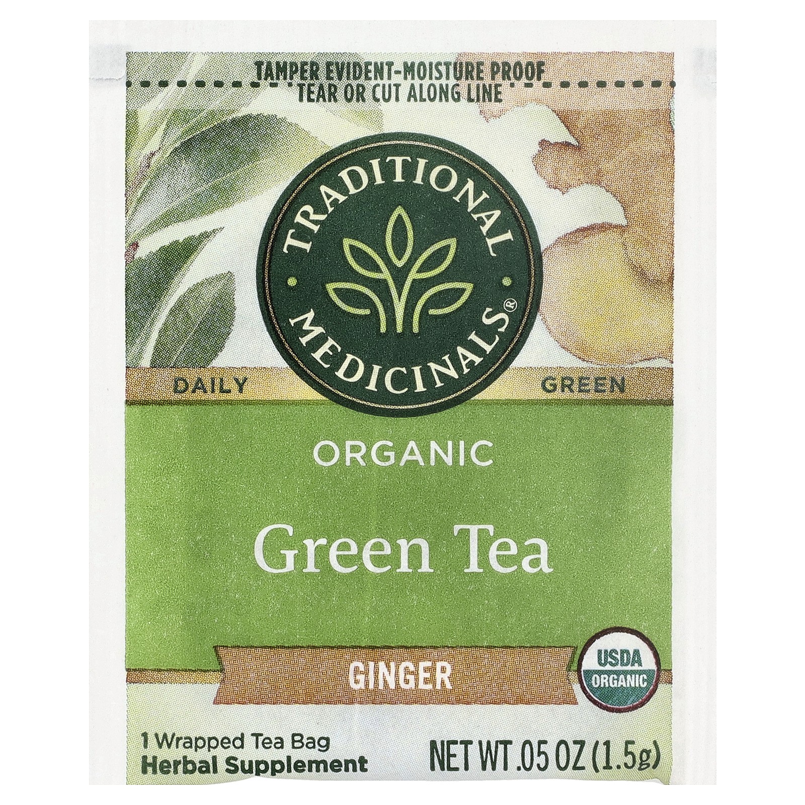 Organic Green Tea, Ginger, 16 Wrapped Tea Bags, 0.85 oz (24 g)