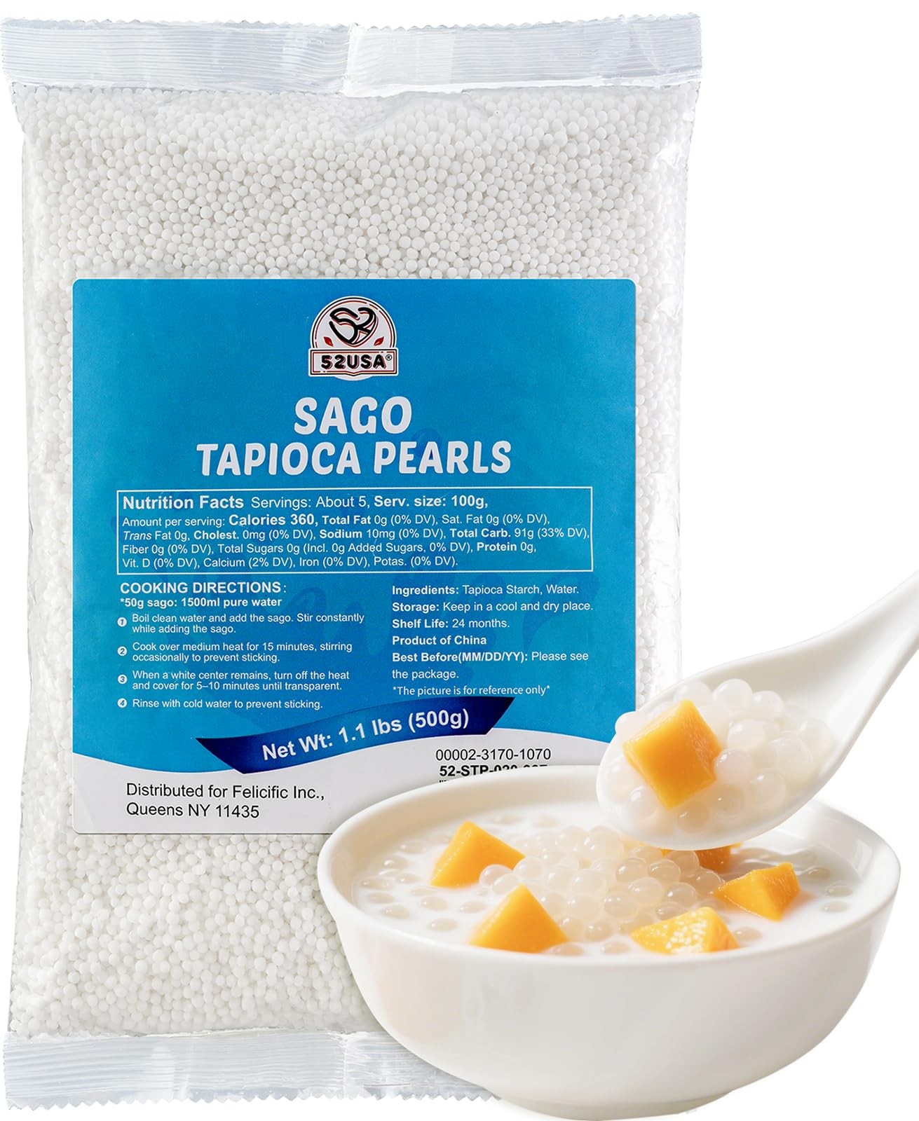 52USA Sago Pearls, Small Tapioca Pearls 1.1 lbs 500g, White Sago for Desserts…