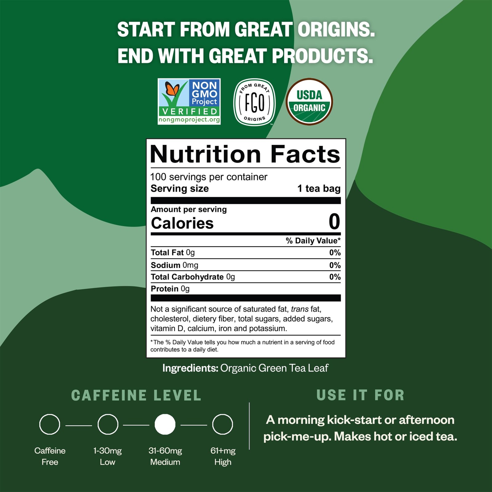 Organic Green Tea, 100 Count Eco-Conscious Tea Bags, Caffeinated, Resealable …