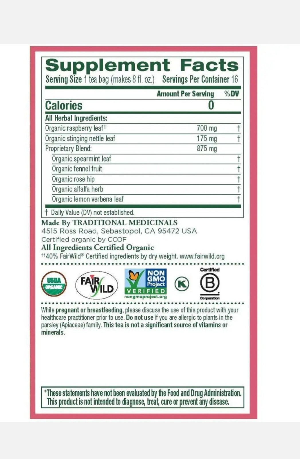 Traditional Medicinals – Organic Pregnancy Tea Raspberry Leaf – 16 Tea Bags