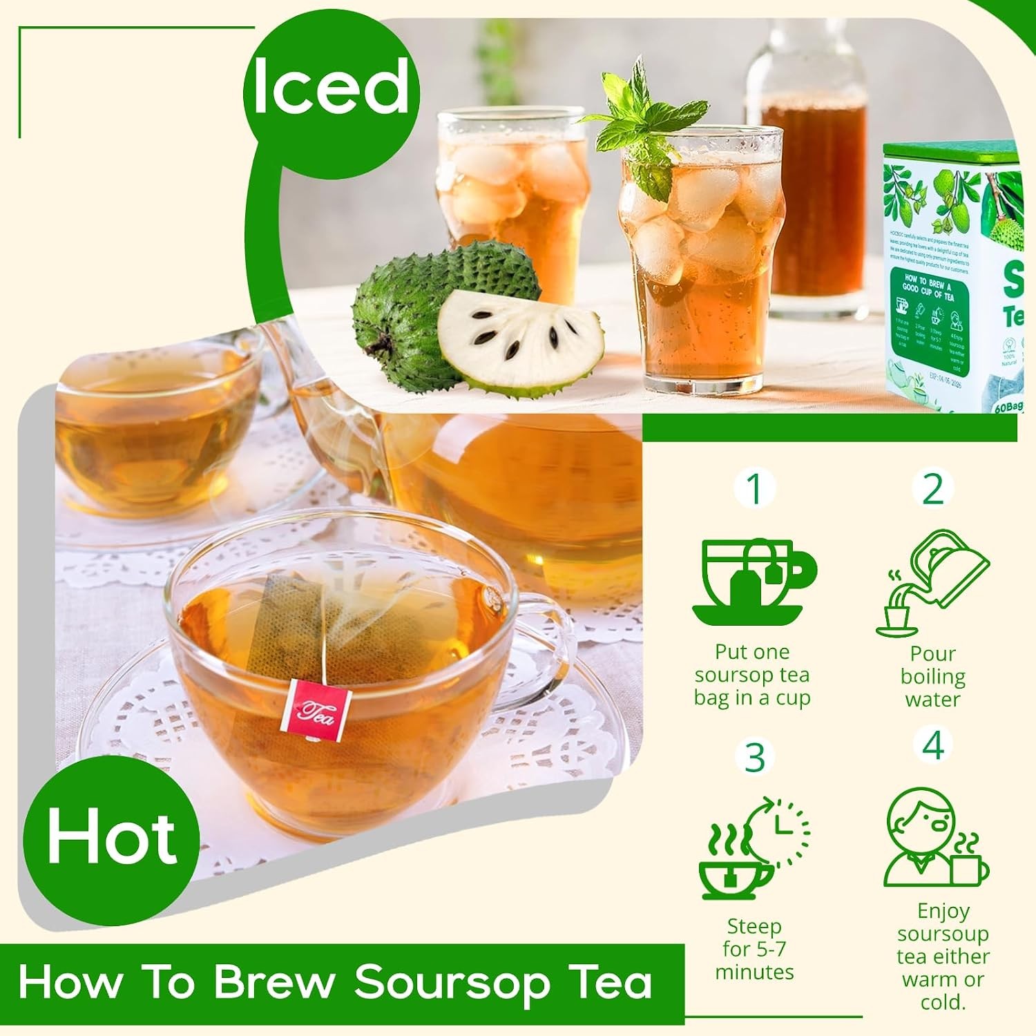 30 Pure Soursop Leaves Tea Bags, Natural Soursop Graviola Leaves Teabag,