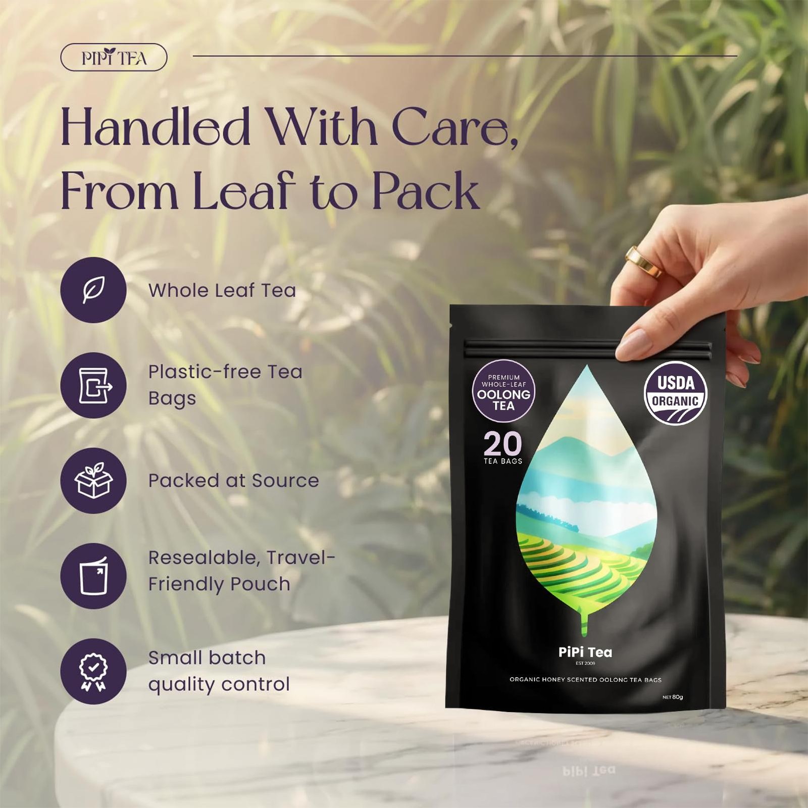 PiPi Tea Organic Oolong Tea Bags Whole Leaf 20 Bags (4g Each) – Cortisol & Calm