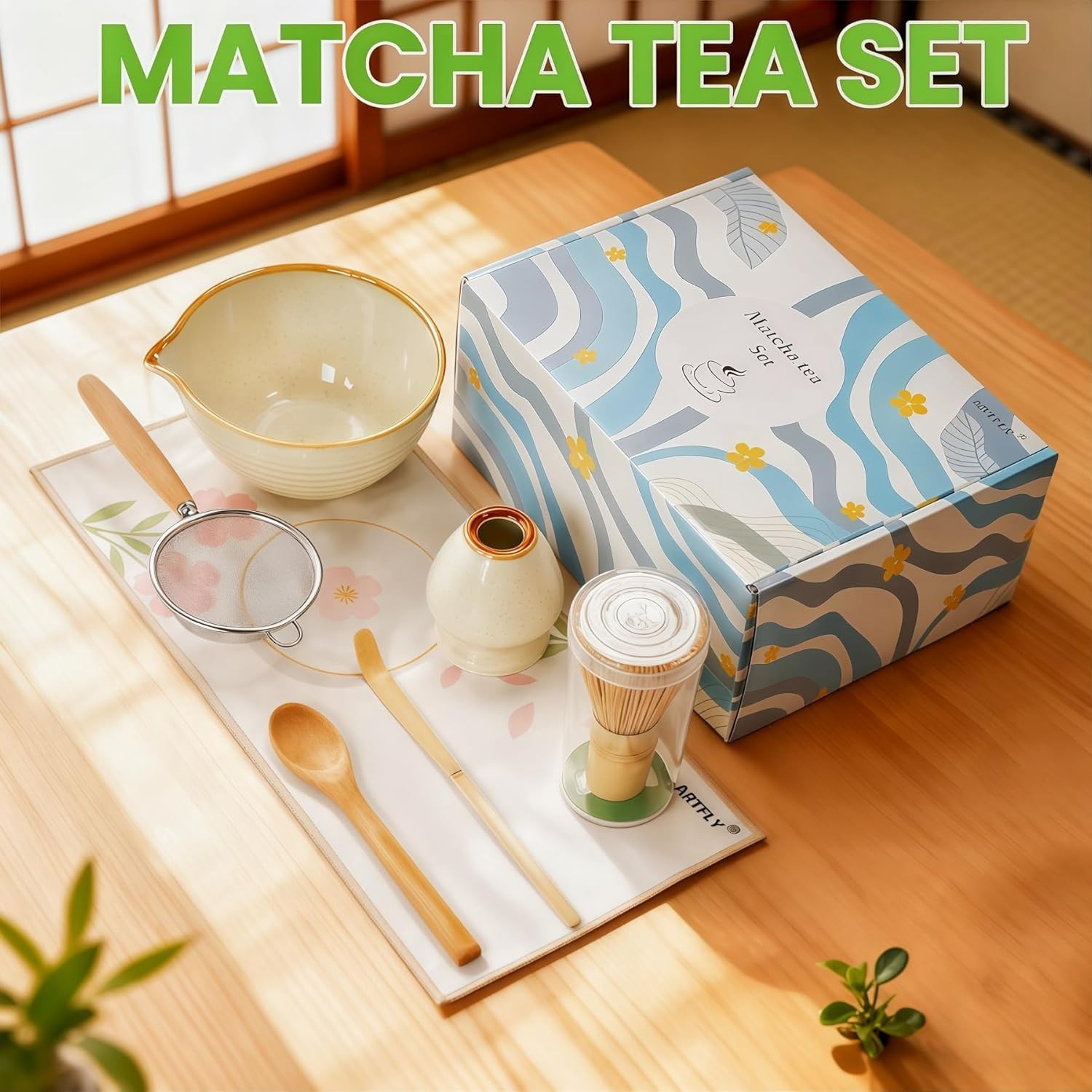 Matcha Whisk Set 7 Pcs, Japanese Making Kit with Ceramic yellow