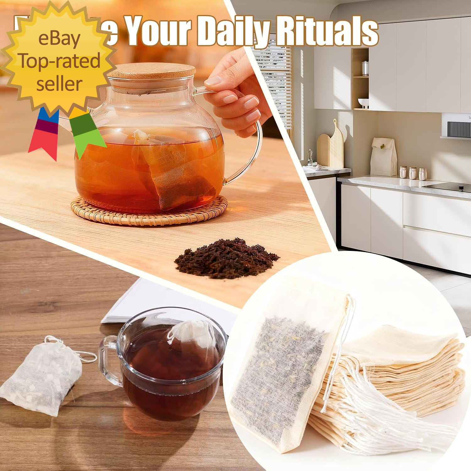 60Pcs Reusable Tea Bags for Loose Leaf Tea 3X4Inch Sachet Unbleached Muslin