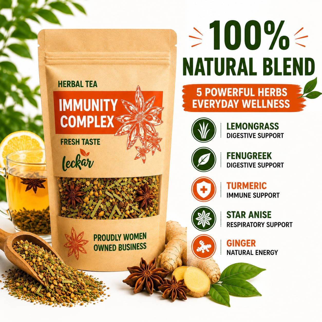 Herbal Tea with Lemongrass, Ginger, Fenugreek, Star Anise, Turmeric, Caffeine Fr