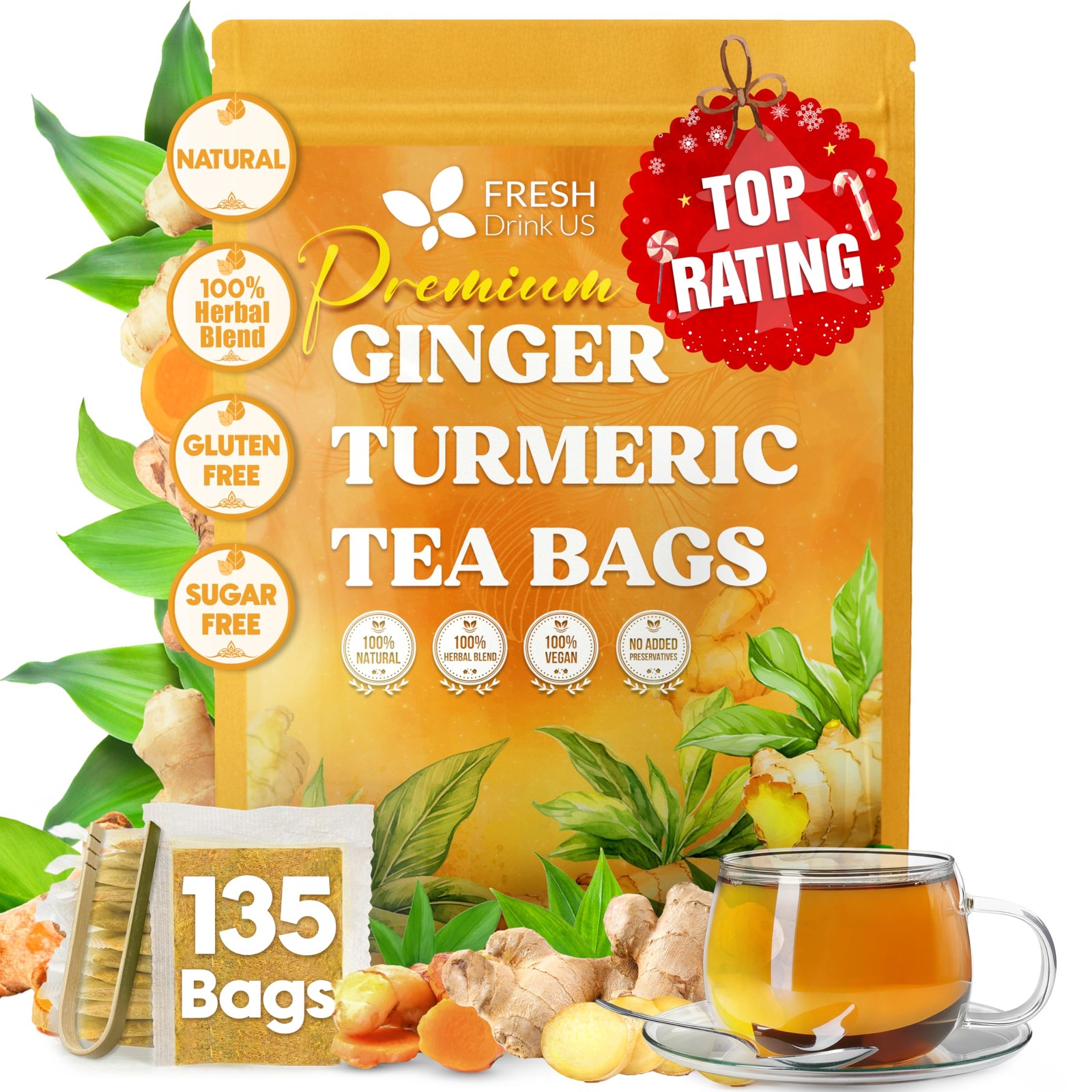 , Premium 135 Ginger Turmeric Tea Bags, 100% Natural Ingredients, Handmade Bl…