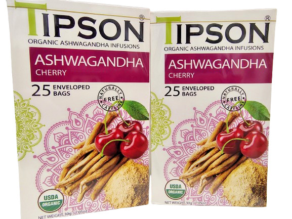 Tipson Ashwagandha Cherry Tea, 25 Bags/Box, Caffeine Free, BB 10/28, Lot of 3