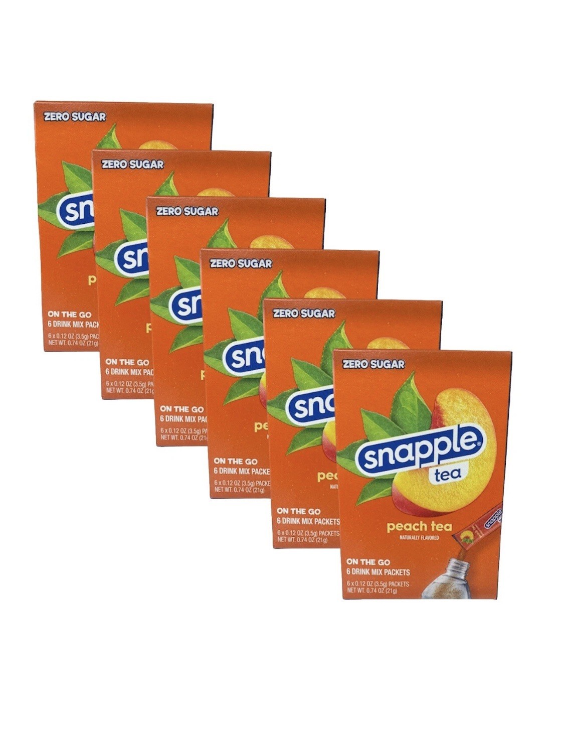 🍑( Lot Of 6) New Snapple Peach Tea Zero Sugar on the go Packets 36 Total🍑