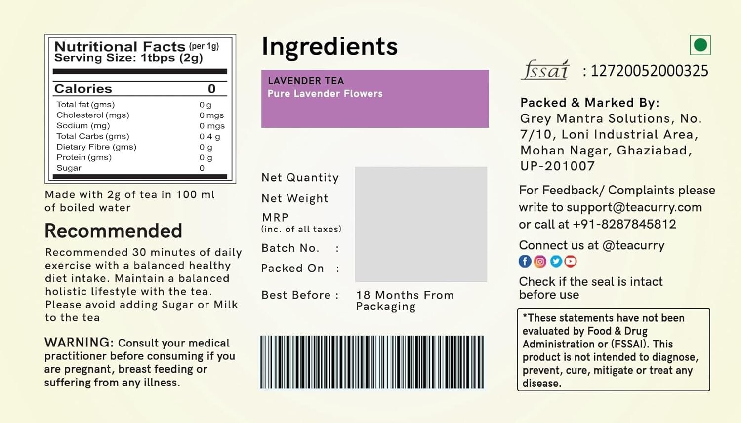 TEACURRY Plant Based Lavander Tea (30 Tea Bags) for Daily Wellness