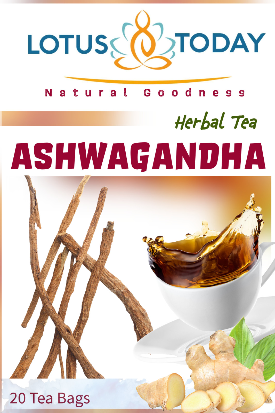 Lotustoday All Natural Ashwagandha Herbal Tea 20 Tea Bags Indian Ginseng